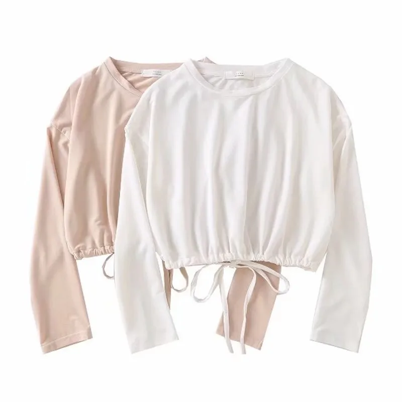 2018 лето новый стиль с коротким рукавом sweatershirts женский шнурок Круглый воротник