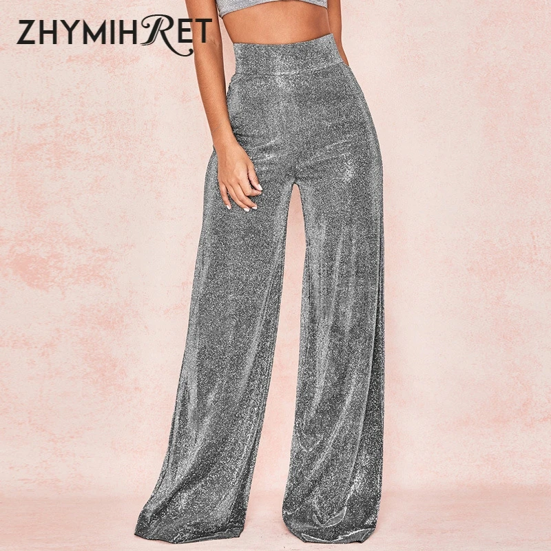 ZHYMIHRET женские широкие брюки с высокой талией осень зима Модные шикарные брюки с люрексом Высокая уличная одежда сексуальные Капри ZH296