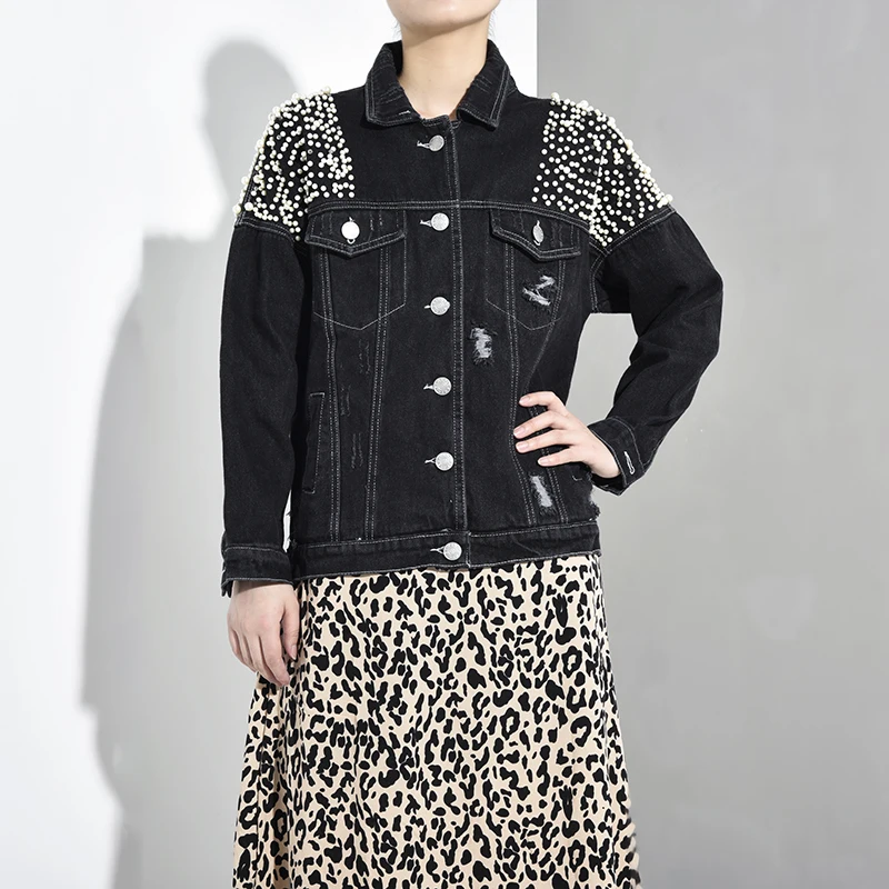 [EAM] джинсовая куртка свободного кроя с черными жемчужинами и дырками, Новое Женское пальто с отворотом и длинным рукавом, модное осенне-зимнее пальто HAA801