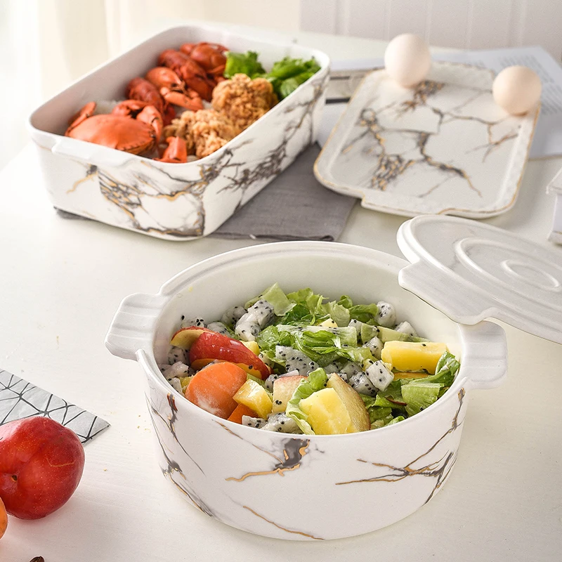 

Creative Marble Pattern Ceramic Procelain Baking Plate Student Lunch Rice Bowl with Cover Round Rectangle Premium Crisper Gifts