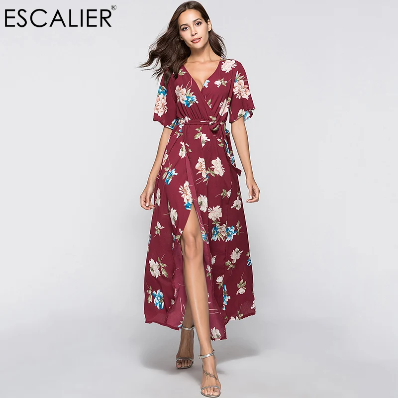 

ESCALIER Fashion Print Summer Split Dress Women Ruffle Off Shoulder Maxi Dress Sundress V-Neck Bohemia Sexy Beach Dress