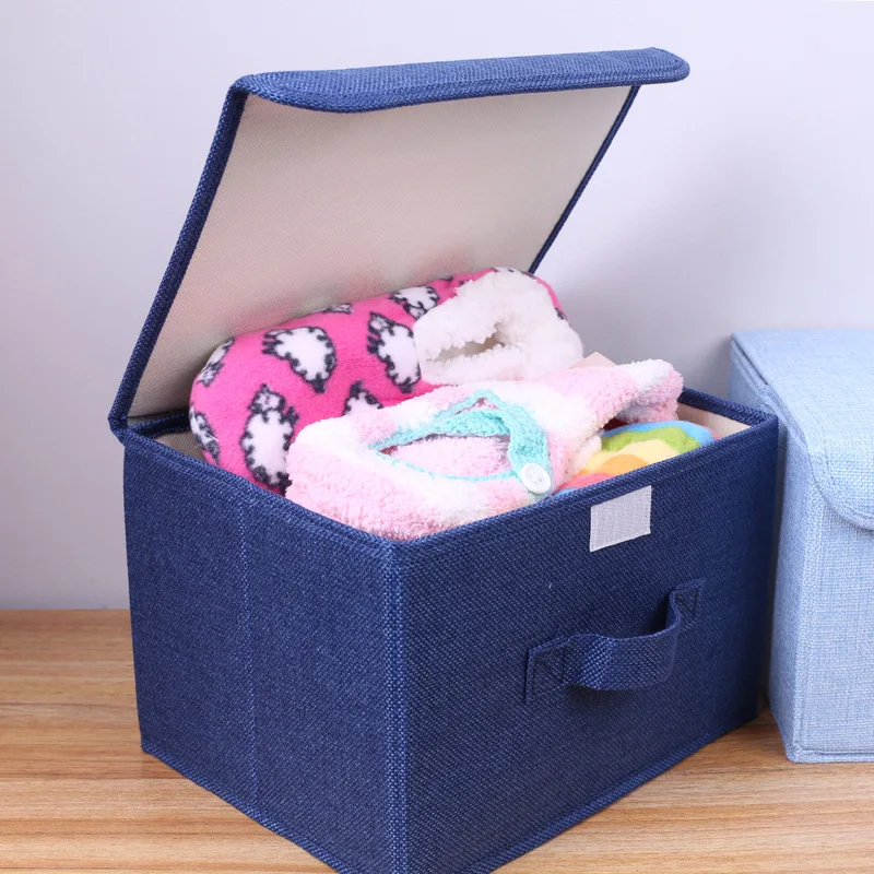 Cotton linen Fabric Folding CD Storage Boxes Foldable Bins Toys Organizer With Lids And Handles Storage Basket Laundry Basket