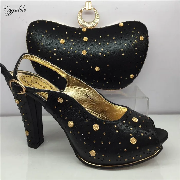 Hot sale black sandals and purse bag set nice rhinestones party shoes with clutch handbag set GY4