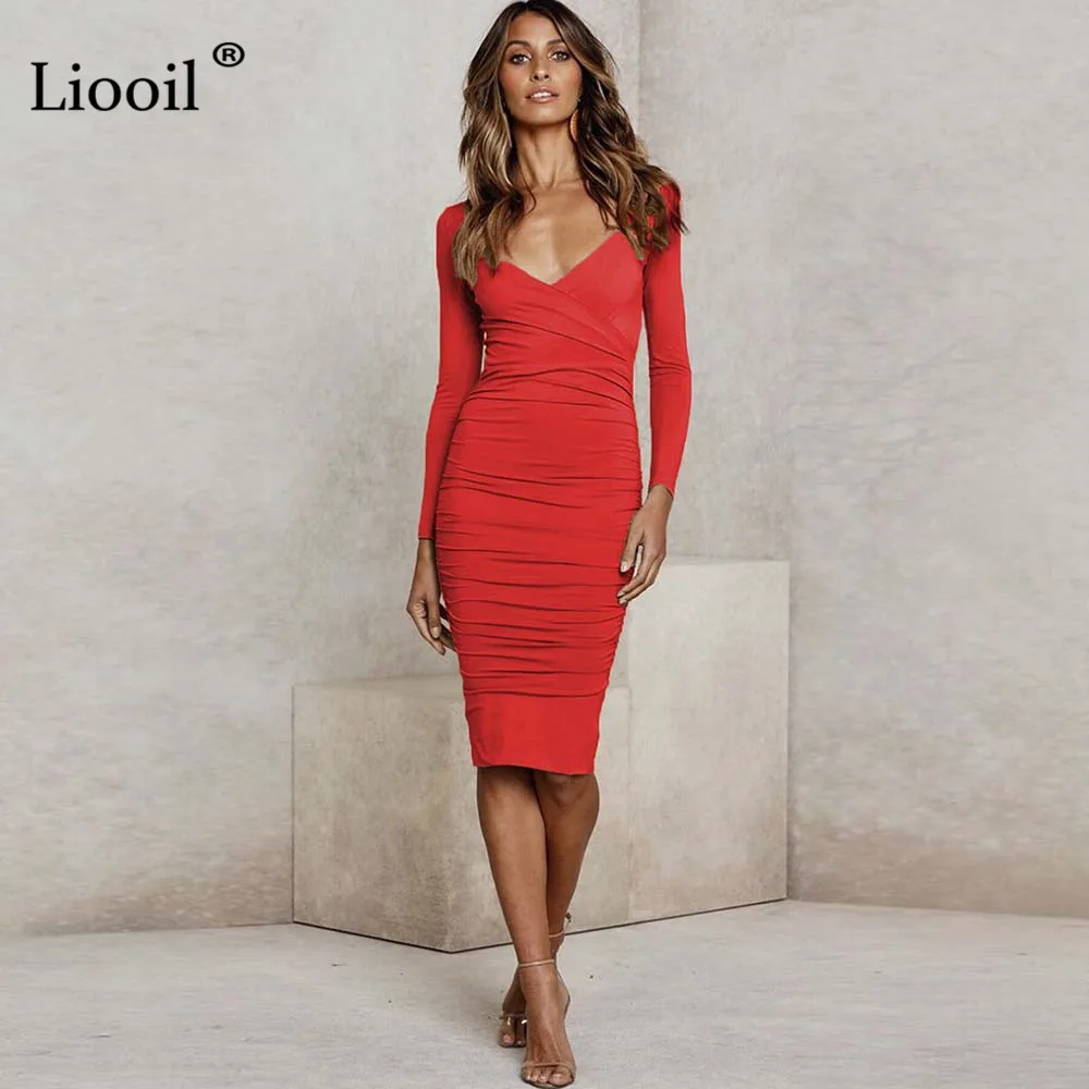 Liooil Fall Sexy V Neck White Midi Bodycon Dress Women Autumn Winter Stretchy Long Sleeve Club Party Tight Fitted Dresses