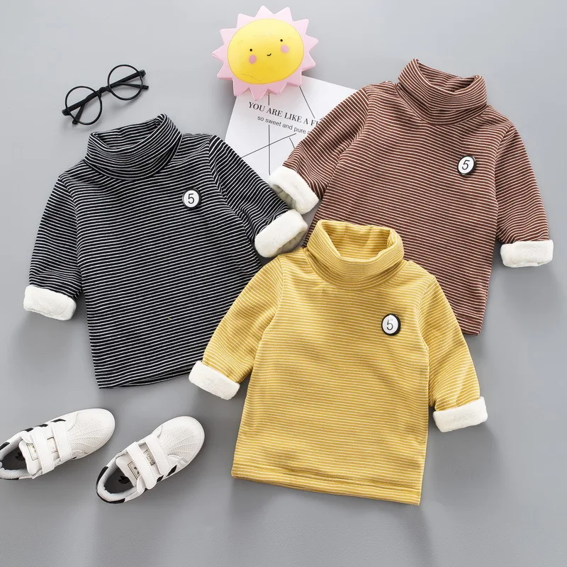 

Children T-shirt Boys Winter Thicken T-shirts Girls Stripe color Long Sleeve Tops Cotton High Collar Girls Boys Christmas Shirt