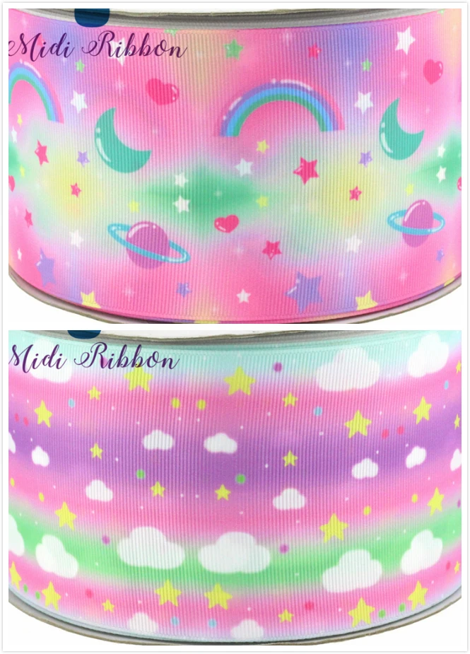 

16mm-75mm Gradient Rainbow/Stars/Clouds Printed Grosgrain/Foe Ribbon DIY Christmas&Party Home Decor Webbing diy hair bow 50y/lot