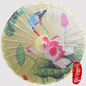 

Bright Yellow Color Bottom Oil Paper Umbrella Lotu with Birds Scenery Bamboo Paper Parasol Pond Flower Blossom Paper Umbrella