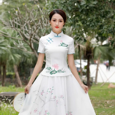 Sheng Coco женские элегантные топы Ципао ханьфу китайский стиль цветок лотоса розовый красный пластина Кнопка Короткие Cheongsam рубашка одежда - Цвет: white  qipao tops