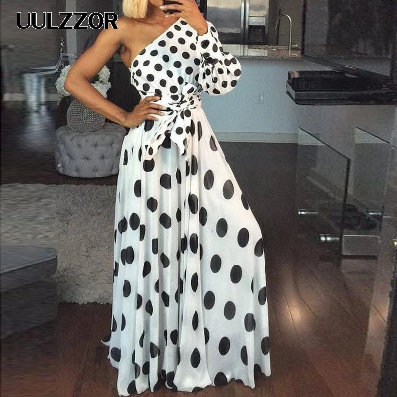 

UULZZOR Women Polka Dot Printed Dress Summer Sexy One Shoulder Long Sleeve Long Maxi Dress Elegant Party Club Sashes Vestidos