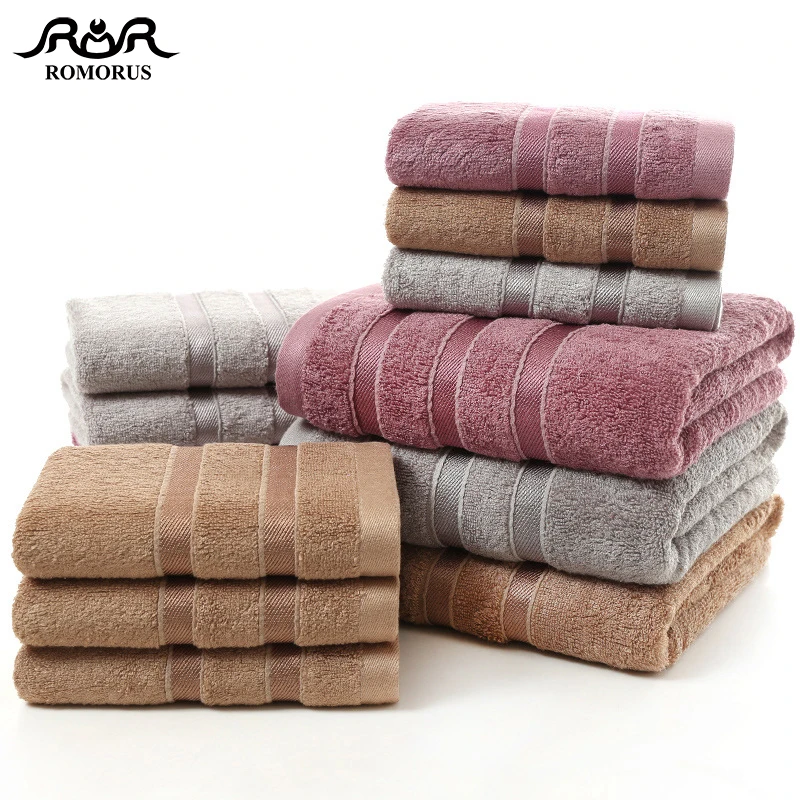 ROMORUS 100 Bamboo Fiber Towels Purple Gray Brown Bath Face Towel Set