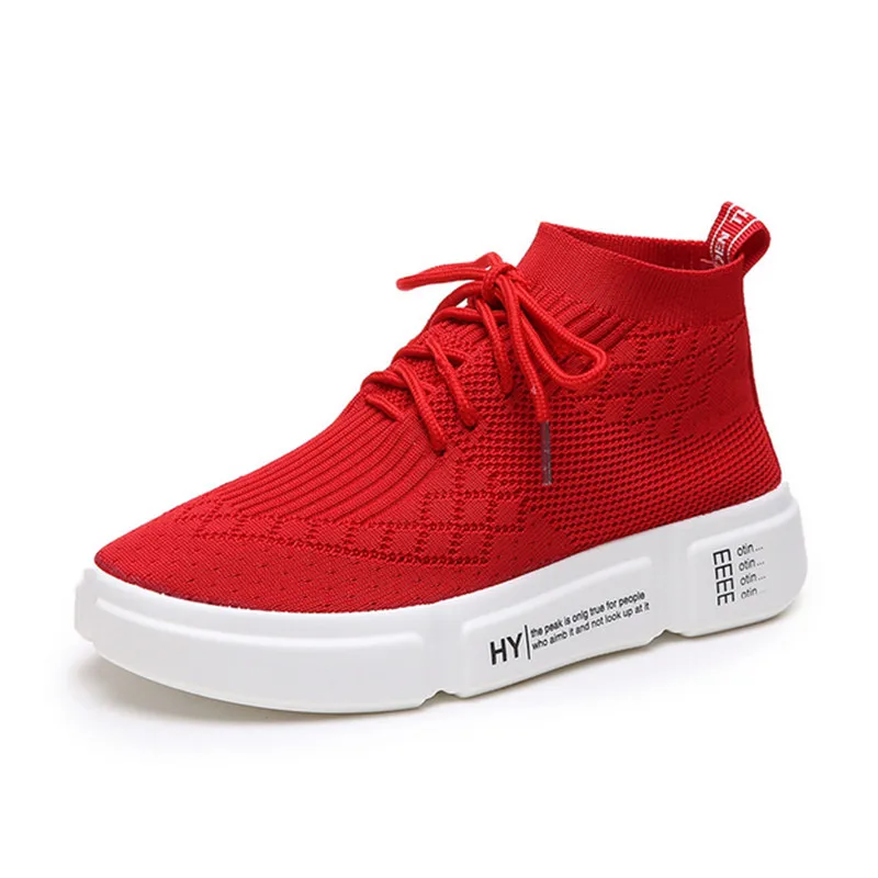 

2018 High Top Fashion Women Breathable Knit Upper Platform Shoes Tenis Feminino Casual Shoes Women Sneakers Black/Red/White
