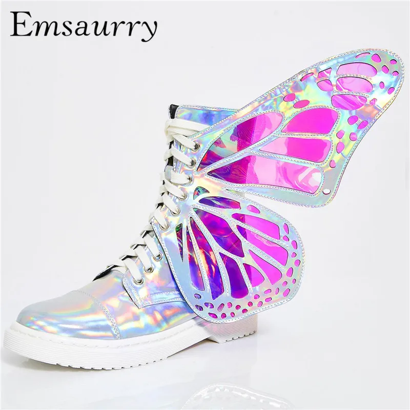

New Fashion 2019 Martin Boots Cross-tied Shiny Mirror Leather Round Toe Silver Colorful Wing Decor Ankle Boots Women