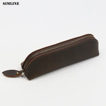 

SIMLINE Vintage Genuine Leather Pen Pencil Bag Case Men Women Handmade Cowhide Long Zipper Wallet Coin Purse Bag Holder Children