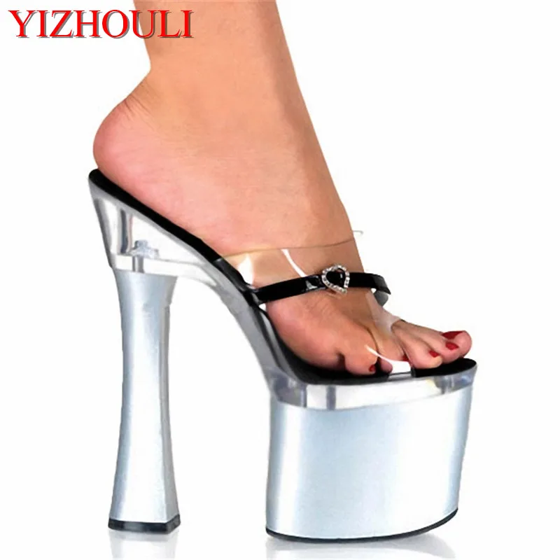 7 Inch Gold Prom High Heel Slippers 2017 Heart-Shaped Transparent 18cm Open Toe Wedding Dance Shoes