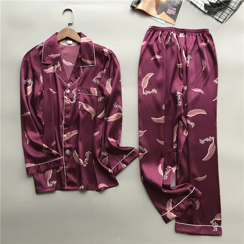 

2019 Men Pajamas Sets with Pants Silk Pijama Spring Summer Sleepwear Pyjama Flower Print Elegant Night Wear Nightsuits