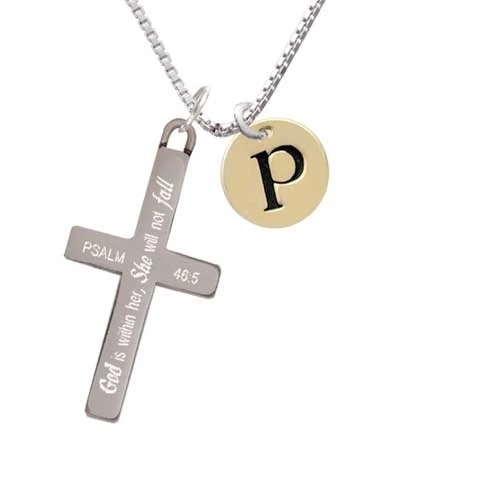 Gold Tone Disc 1/2'' Initial - p - - She will not Fall - Cross Necklace (1)