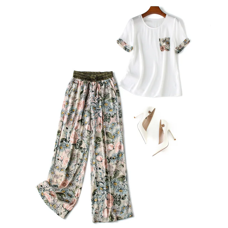 

Womens 2019 summer clothes white chiffon tops and blouses elastic waist floral patterns print pants suit plus size two piece set