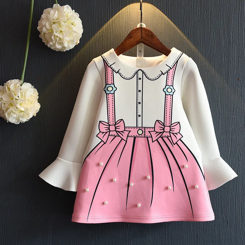 

girls dress 2019 new spring and autumn new long-sleeved pearl A cute cartoon long-sleeved dress 2-4-6-8 years baby dress