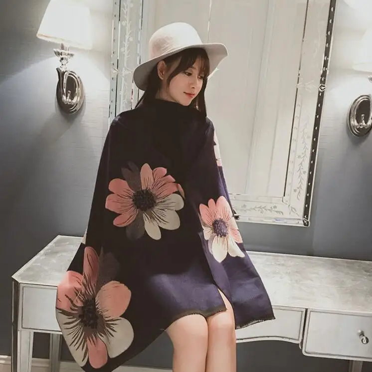 

Women Sweater Knitted Shawl 2019 Autumn Winter V Neck Females Sweater Cardigan Loose Tassel Stitching Wrap Swing Floral