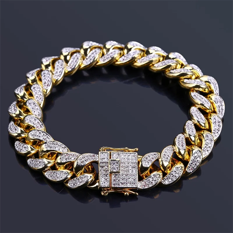 

2019 New Fashion Men Hip Hop Jewelry Bracelet Copper Gold Color Plated Iced CZ Stone Rhinestone 14mm Chain Bracelets With 7" 8"