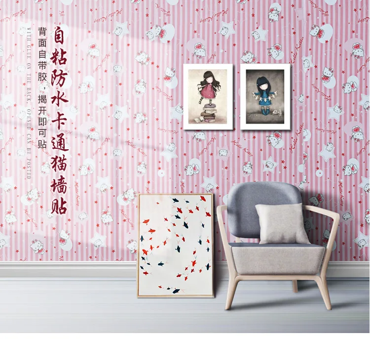Us 14 89 Pink Hello Kitty Cat Striped Self Adhesive Waterproof Wallpaper Dorm Wall Sticker Kids Room Bedroom Furniture Retrofit 380z In Wallpapers
