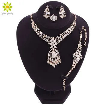 

African Beads Jewelry Sets Wedding Accessories Fine Crystal Gold-color Bridal Necklace Bracelet Earrings Rings Set