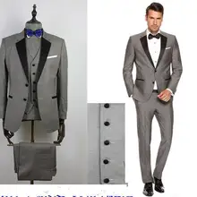 Пользовательские серые мужские Костюмы Черный нагрудные Slim Fit Нарядные Костюмы для свадьбы для жениха Пром Повседневные комплекты одежды(куртка+ Брюки для девочек+ жилет+ галстук-бабочка