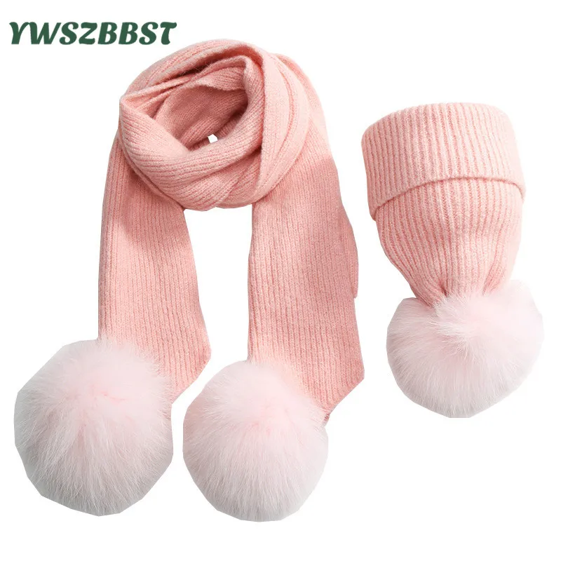 Fashion Wool knit Baby Hat Scarf set with Fox Fur Balls Autumn Winter Children Hat Scarf Kids Caps for Girls Boys Warm Hats set