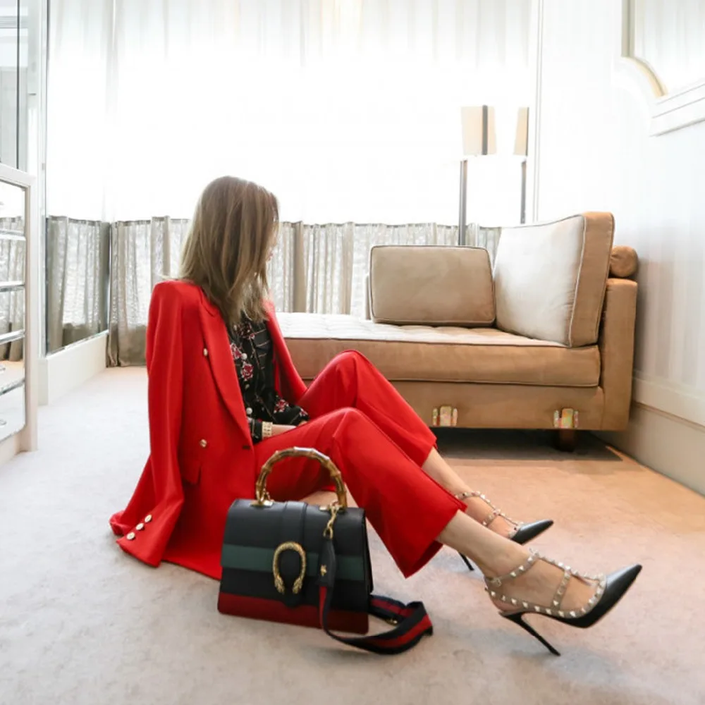 Red Work Pants Suits 2 Piece Sets Office Lady Suits Women Outfits Spring 