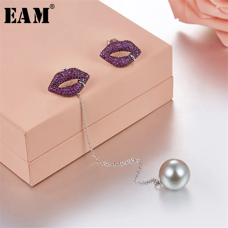 

WKOUD EAM Jewelry / 2019 New Fashion S925 Micro-inlaid Zircon Pearl Red Lips Asymmetrical Earrings Women's Accessories S#R1537