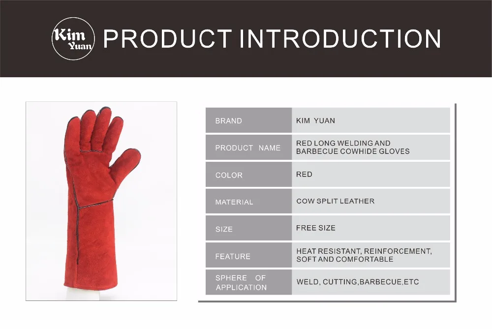 Ким Юань 014L кожаные сварочные перчатки-тепло/огнестойкий, идеально подходит для сварщика/печи/камина/обработки животных/барбекю-Красный-16