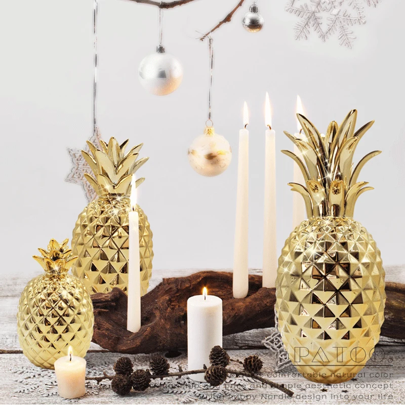 Golden Ceramic Pineapple Modern feng shui home decoration accessories plant fruit bromel figurines wedding decorations