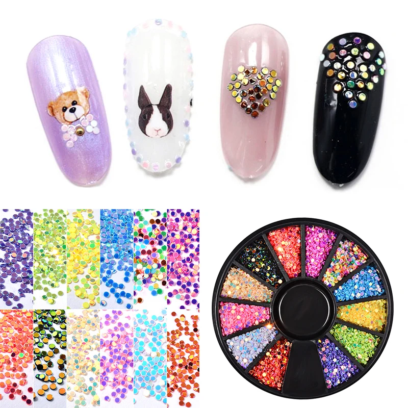 12 ячеек/коробка, разноцветные круглые Блестки для ногтей, блестки, наклейки для дизайна ногтей, наклейки, наклейки для украшения ногтей