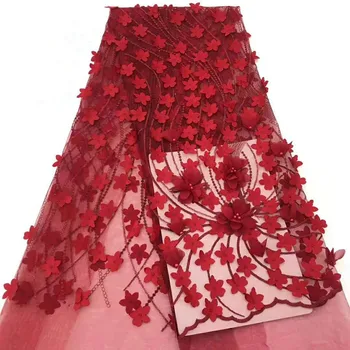 

African Lace Fabric 2018 3D Flower Nigerian Laces Fabric Bridal High Quality Red Stones French Tulle Lace Fabric For Women1276-1