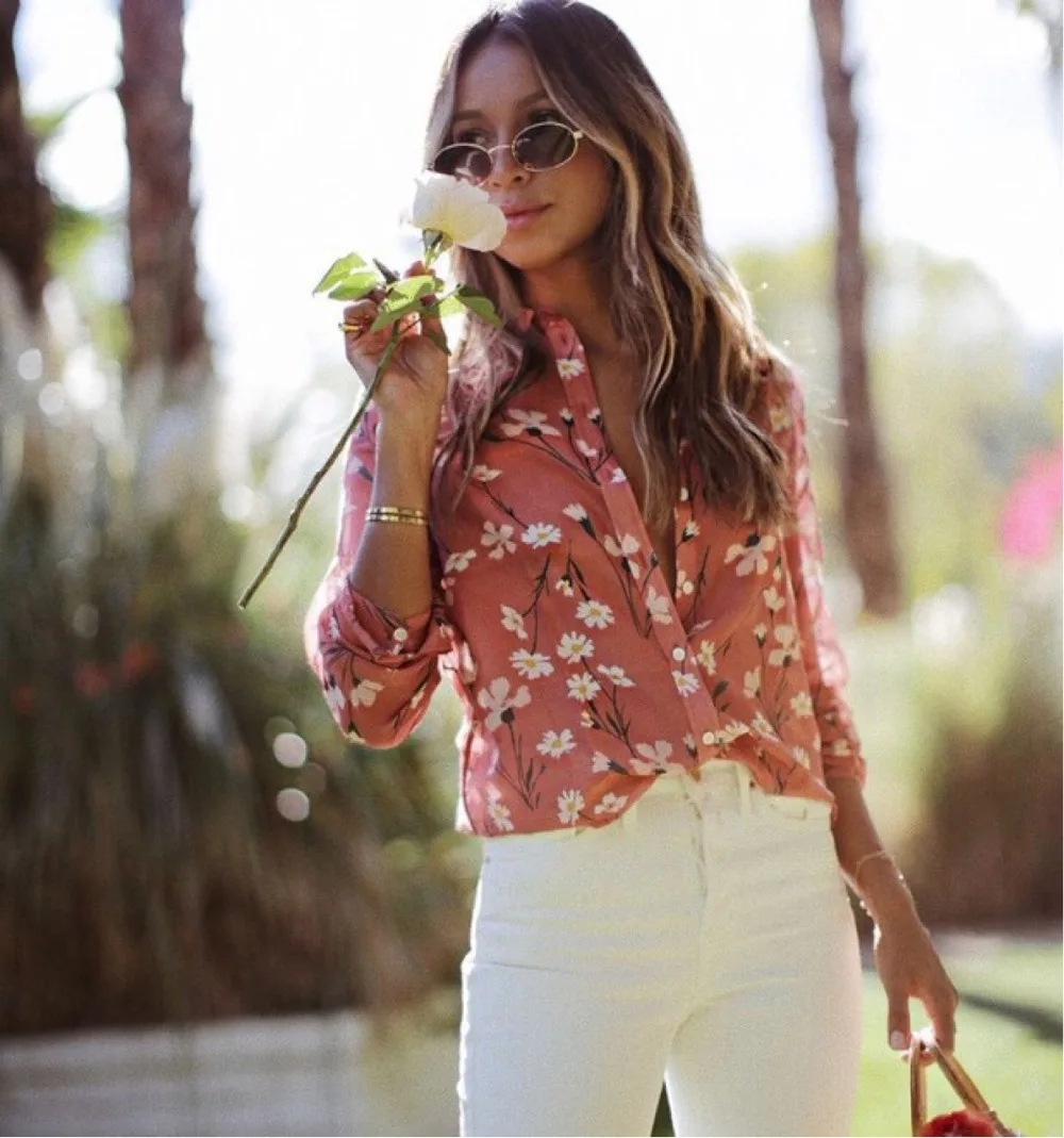 Printed Small Daisies Long Sleeve Sweet Preppy Style Shirts Cotton and Silk 