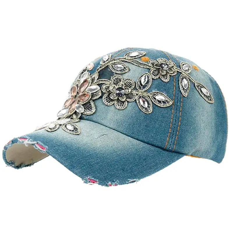 Fashion Lady Rhinestone Floral Baseball Caps Crystal Denim Jean Hip Hop