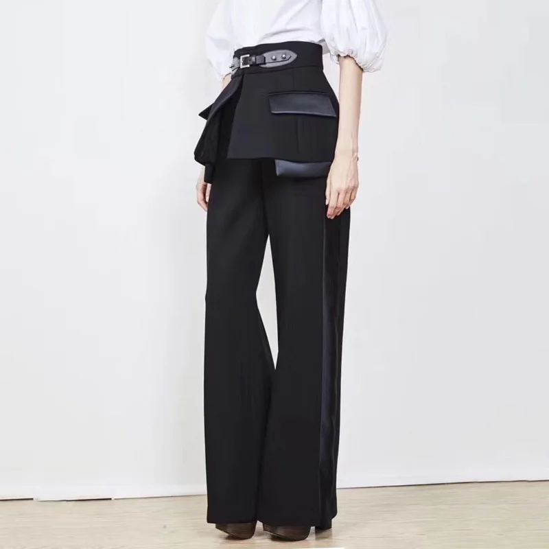 GALCAUR летние лоскутные брюки для женщин с высокой талией с поясом тонкие широкие брюки женская модная одежда корейская Новинка - Цвет: Black