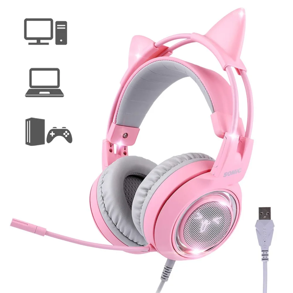 

SOMIC G951 Gaming Headset For PC, PS4, Laptop: 7.1 Virtual Surround Sound Detachable Cat Ear Headphones LED, USB, Lightweigh