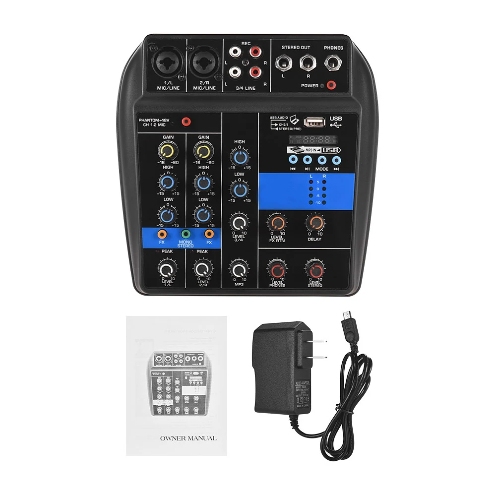 

Sound Mixing Console 4 Channels USB Audio Mixer with Delay Reverb Effects USB Record Computer Playback 48V Phantom Power
