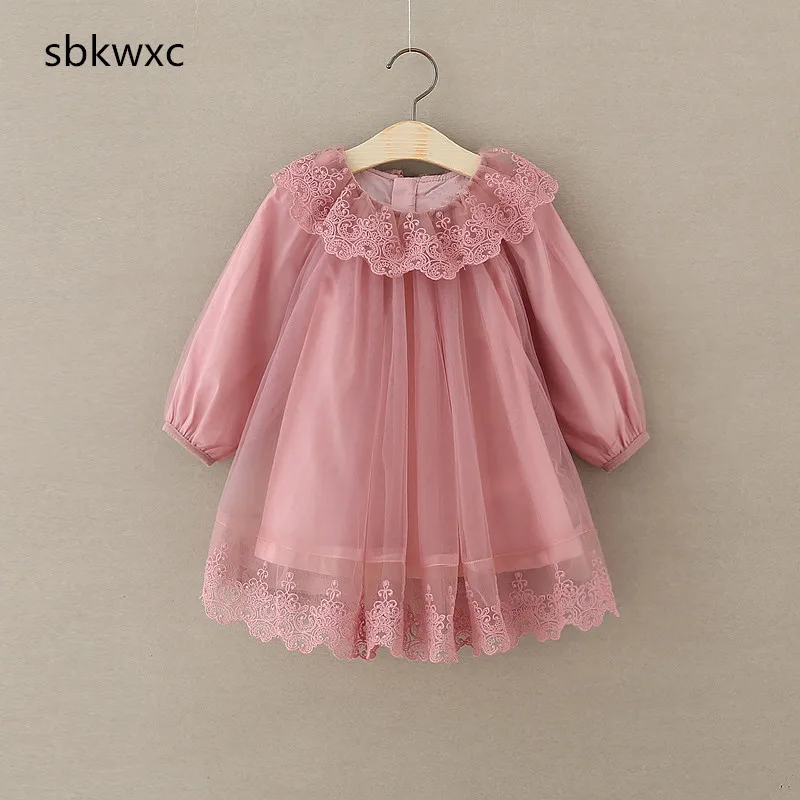 Коллекция года, модное Брендовое платье для девочек весенне-От 3 до 7 лет кружевное платье трапециевидной формы с цветочной вышивкой для маленьких девочек vestidos de menina, розничная, розовый и серый цвета