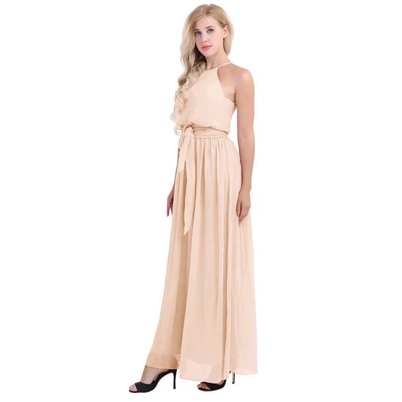 Vestido de Dama de Honra Festa de Casamento sem Mangas Vestido de Baile de Formatura Vestido de Comprimento Mulheres Senhoras Elegante Chiffon Longo Halter Completo 31 Mulheres senhoras elegante chiffon longo vestido de