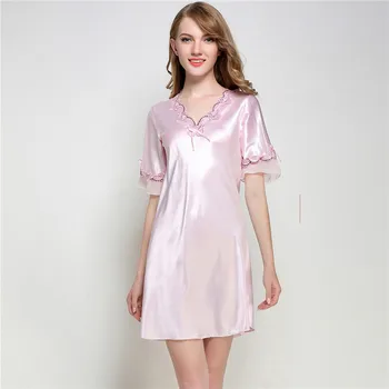 

[Lakysilk]Sexy V-Neck Nightgowns For Women Lace Silk Satin Short Sleeve Sleepwear Ladies Girls Solid Pink Night Dress Summer