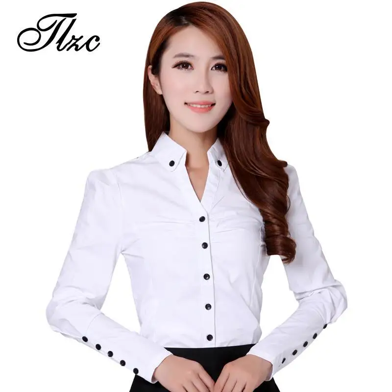 TLZC Elegan Wanita Karir Putih Shirts Ukuran S-2XL Panjang Lengan Tombol Desain Pakaian 2017 Kantor Klasik Lady Kasual Blus