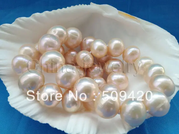 

~~ >>Huge only 18" 14mm natural gold pink round FW pearl necklace - 14KGP gold filled