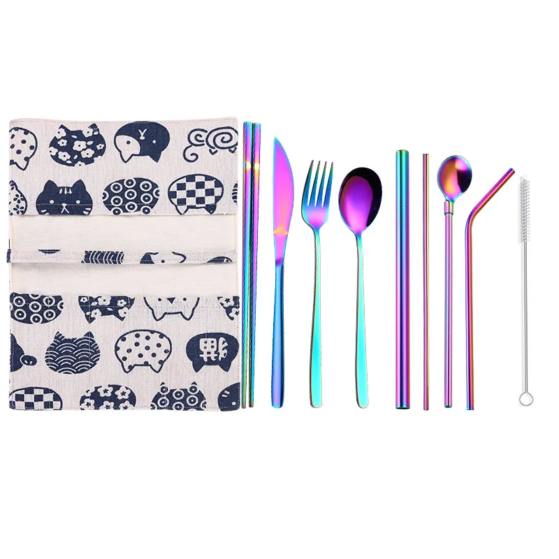 Новые 9 шт./компл. портативные столовые приборы из нержавеющей стали набор ножей вилка ложка солома с упаковка ткани набор столовой посуды для кухни набор - Цвет: Rainbow Cat