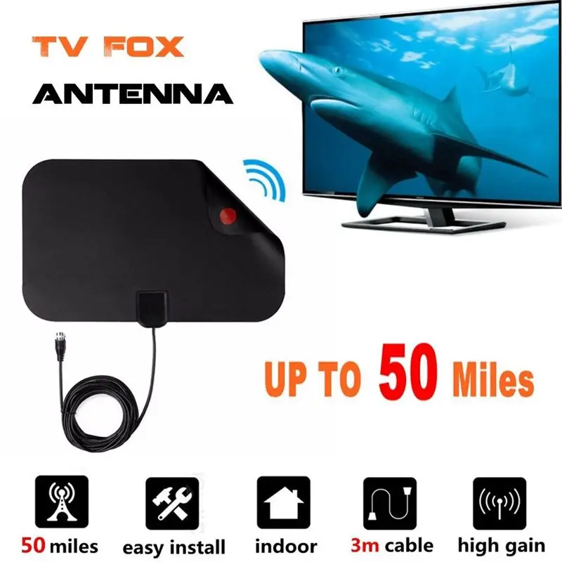 Плоский HD цифровой Крытый зум ТВ антенна HD tv 50 Mile Range tv Fox VHF UHF DVB