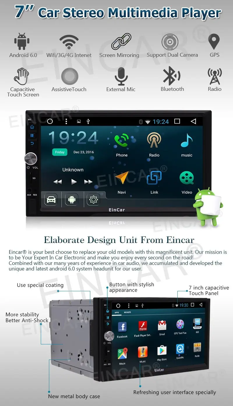Best Eincar 7inch 2 din GPS Android Car Stereo GPS Navigation 6.0 Microphone Front&Backup Cameras support Mirror link Wifi Bluetooth 1