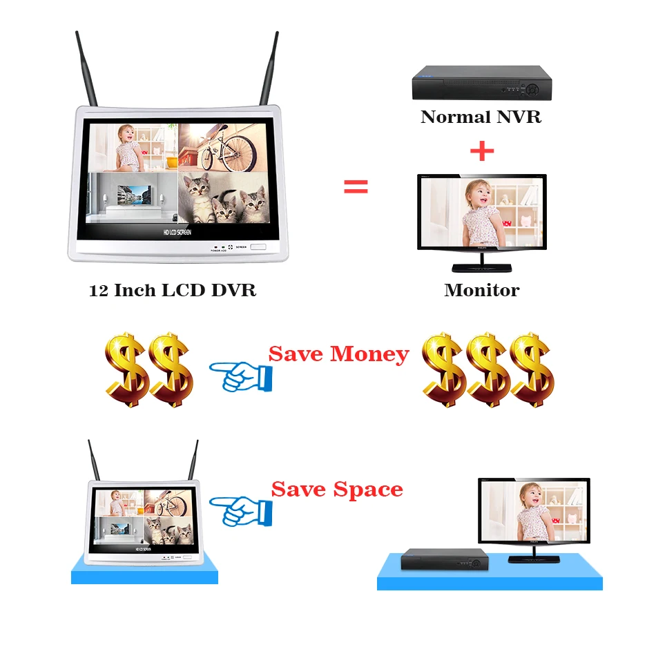  Hiseeu 8CH 1080P Wireless NVR Kits 12' LCD display HD outdoor security 2MP IP Camera video surveill