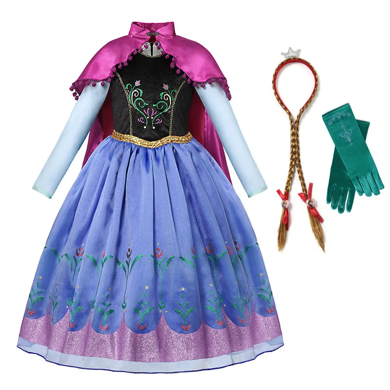 Платье принцессы Эльзы и Анны для девочек, Детский костюм, длинный халат Мантия с блестками для косплея Снежной королевы, Детские Зимние костюмы для рождественской вечеринки - Цвет: Anna Dress Set 1