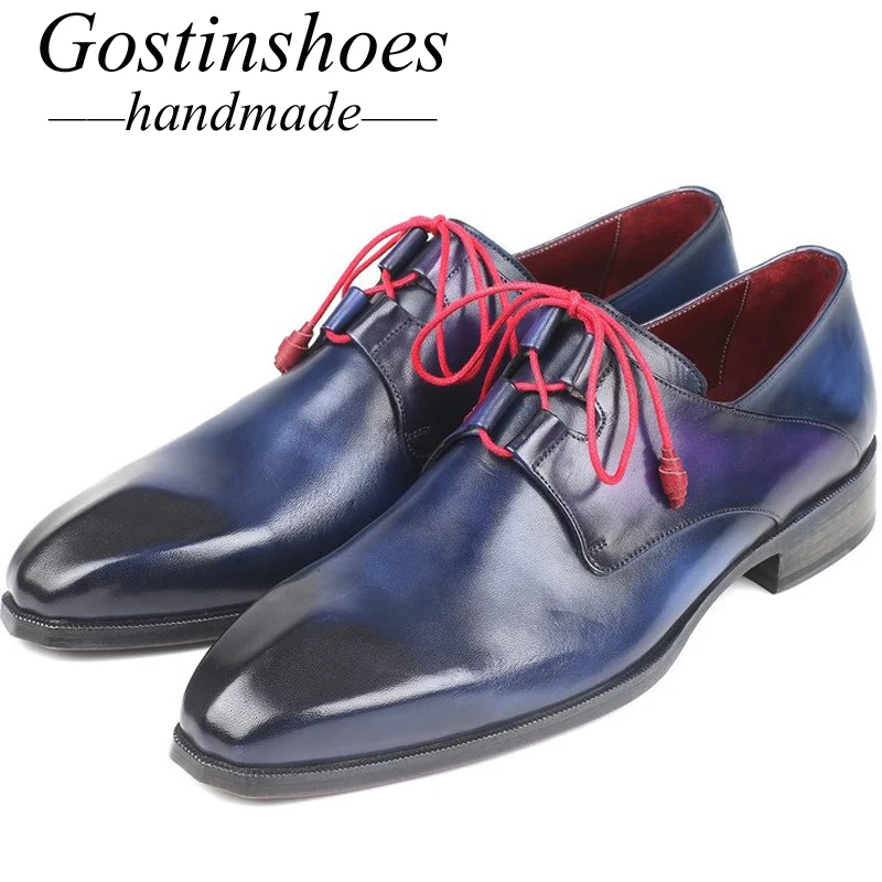 

GOSTINSHOES HANDMADE Goodyear Welted Ghillie Lacing Blue Derby Shoes Genuine Leather Pointed Toe Size 11.5 Formal Shoes SCZ034